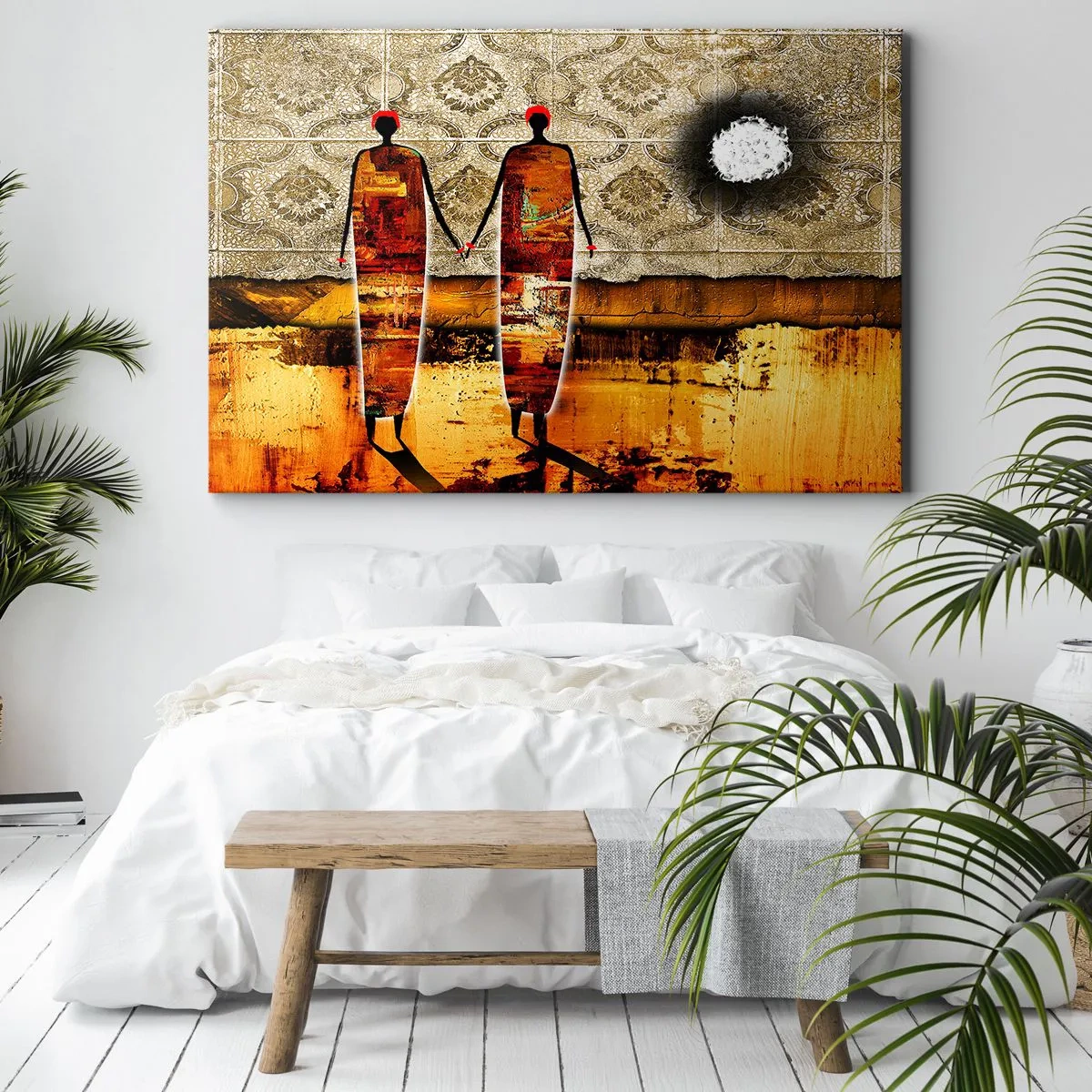 Canvastavla - Bild på duk - Ett abstrakt figurpar mot en bakgrund av gyllene mönster och ett landskap. - 70x50cm - Etnisk komposition i Afrikas färger - Modern väggdekoration för vardagsrum och sovrum ARTTOR