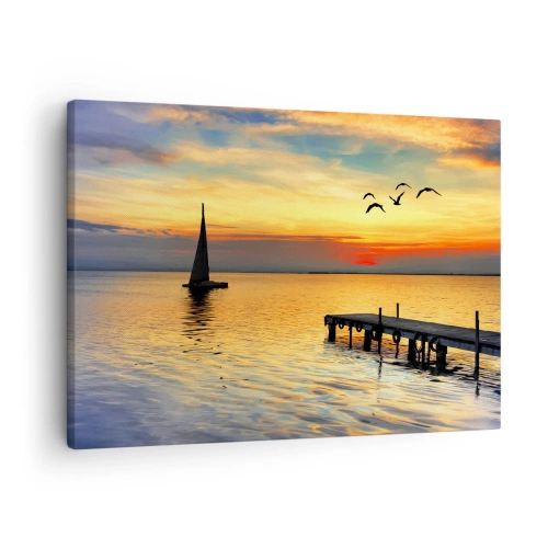 Canvastavla - Bild på duk - Solnedgång med segelbåt och pir vid en lugn sjö - 70x50cm - Kvällens returer - Modern väggdekoration för vardagsrum och sovrum ARTTOR
