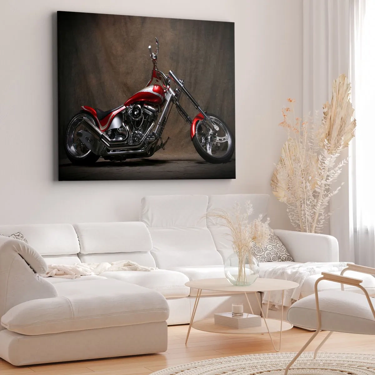Canvastavla - Bild på duk - Röd specialbyggd motorcykel mot en brun tygbakgrund - 70x50cm - Röd-silver skönhet - Modern väggdekoration för vardagsrum och sovrum ARTTOR