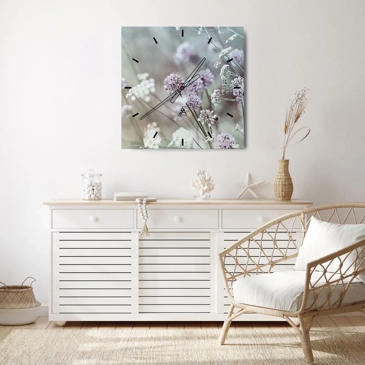 Väggklocka - Klocka på glas - Söta örtfiligraner - 40x40 cm