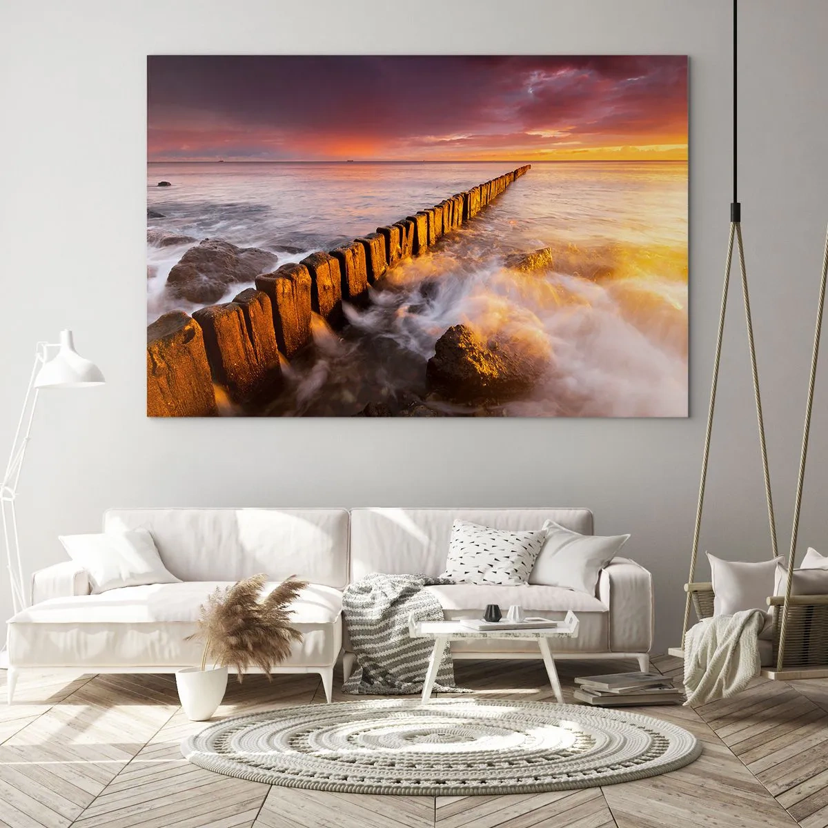 Glastavla - Bild på glas - Solnedgång över havet med en trävågbrytare - 70x50cm - MIlda vågor - Modern väggdekoration för vardagsrum och sovrum ARTTOR