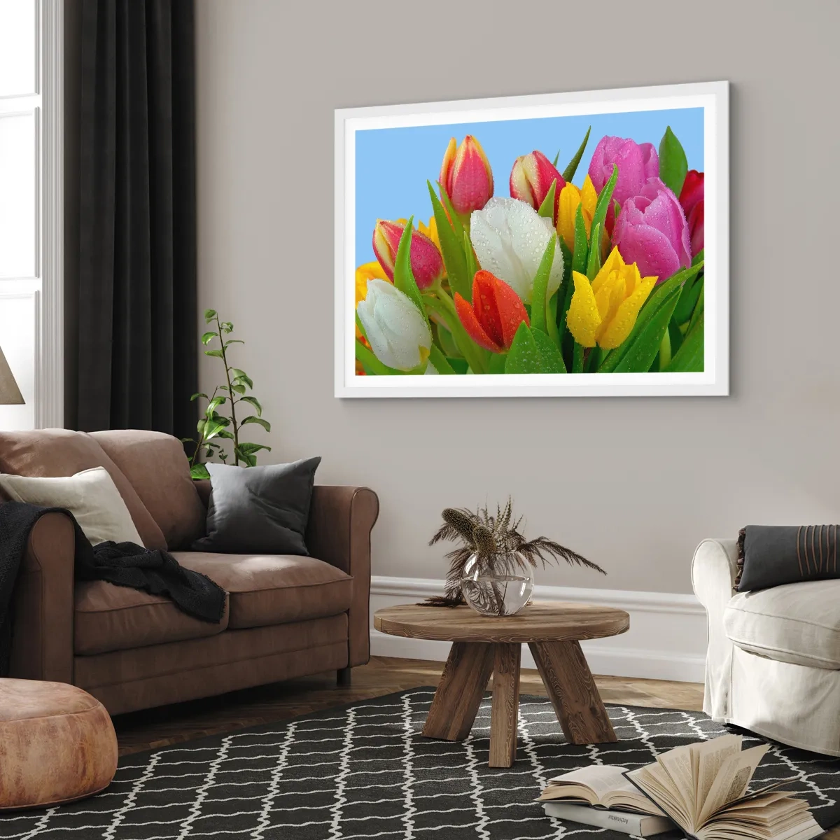Affisch i vit ram - blommig regnbåge i daggdroppar - 50x40 cm