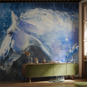 Fototapet Premium Canvas - Porträtt i blått sken - Häst, Målning, Djur - 100x70 cm