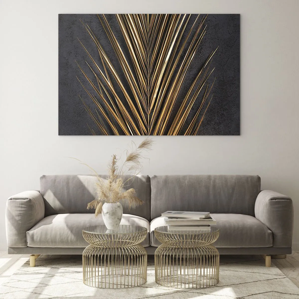Glastavla - Bild på glas - Gyllene palmblad på en mörk bakgrund - 70x50cm - Tropikens guld - Modern väggdekoration för vardagsrum och sovrum ARTTOR