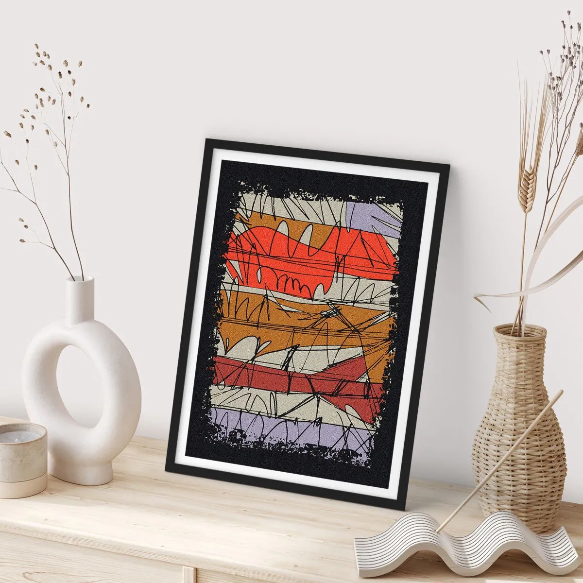 Affisch i svart ram - En abstrakt komposition med dynamiska linjer och färger. - 50x70cm - Spontan komposition - Modern väggdekoration för vardagsrum och sovrum ARTTOR