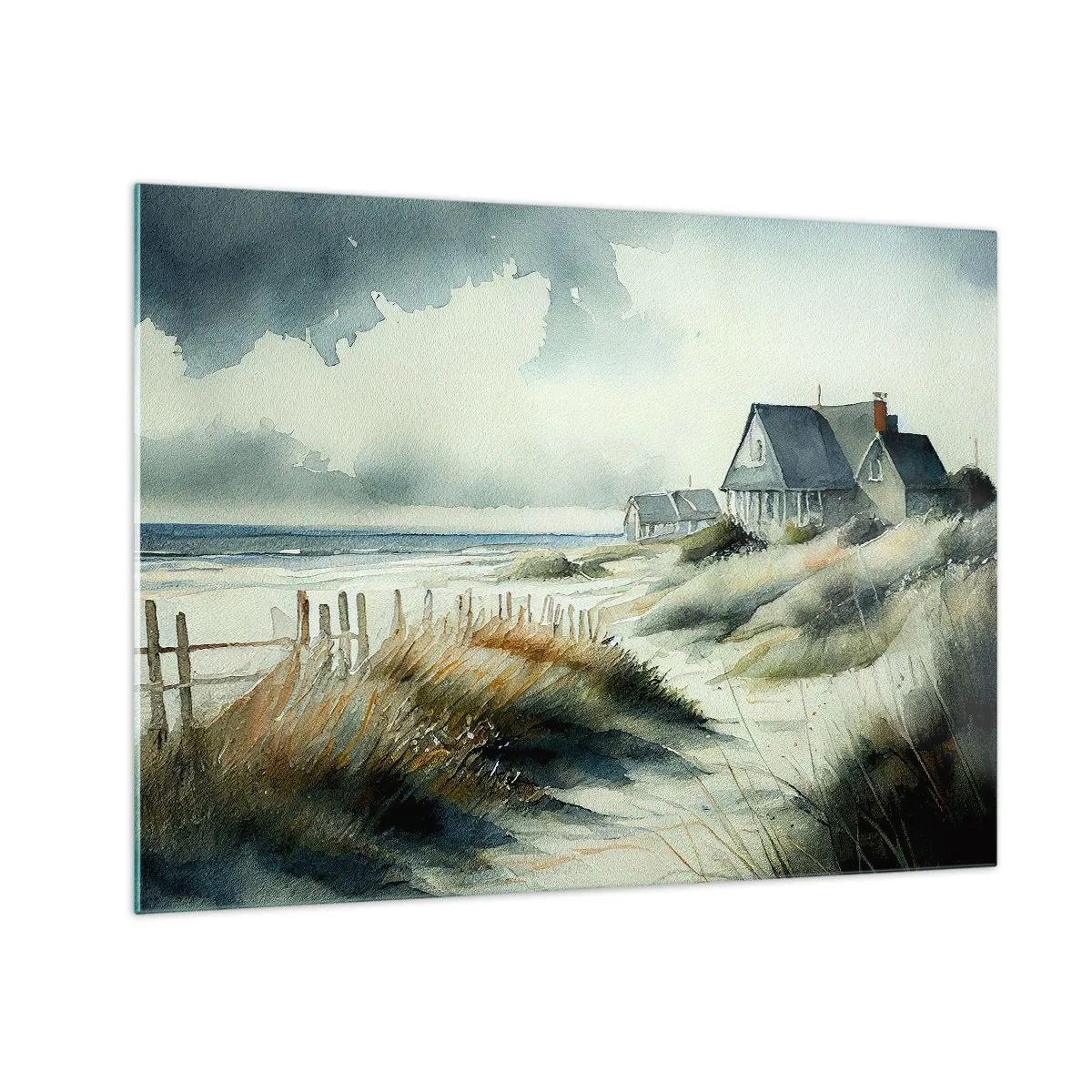 Glastavla - Bild på glas - Hus vid stranden i sanddynerna under en molnig himmel - 70x50cm - Borta från liv och rörelse - Modern väggdekoration för vardagsrum och sovrum ARTTOR