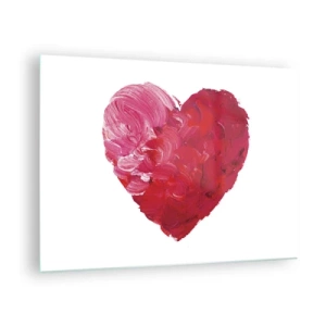 Glastavla - Bild på glas - Abstrakt hjärta målat med röda penseldrag - 70x50cm - All you need is love - Modern väggdekoration för vardagsrum och sovrum ARTTOR