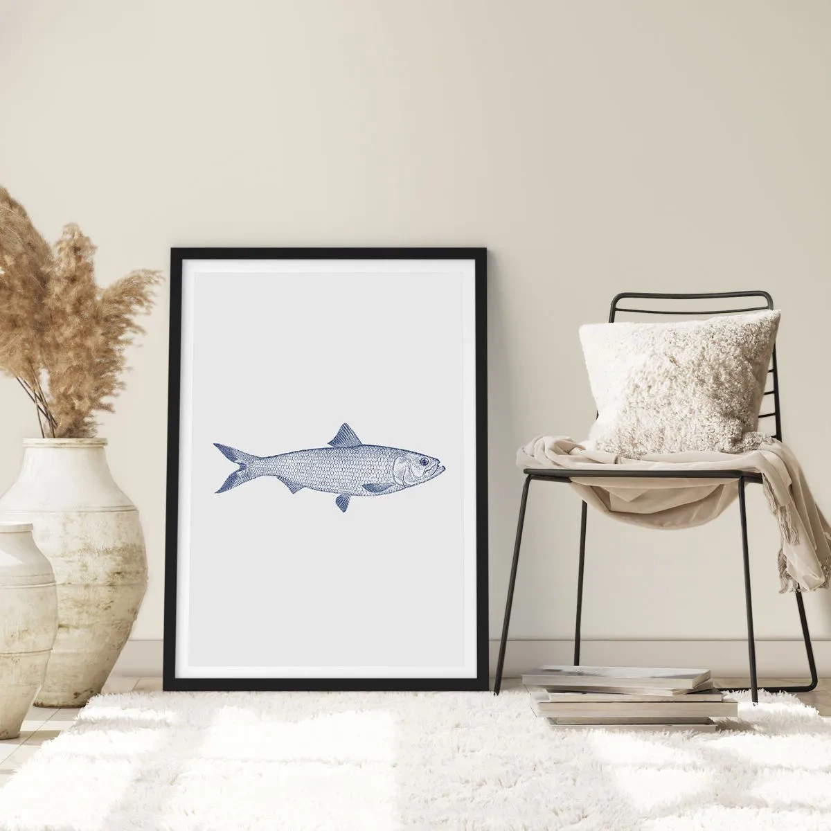 Affisch i svart ram - Minimalistisk vintage fiskillustration - 50x70cm - Hälsningar från de nordliga haven - Modern väggdekoration för vardagsrum och sovrum ARTTOR