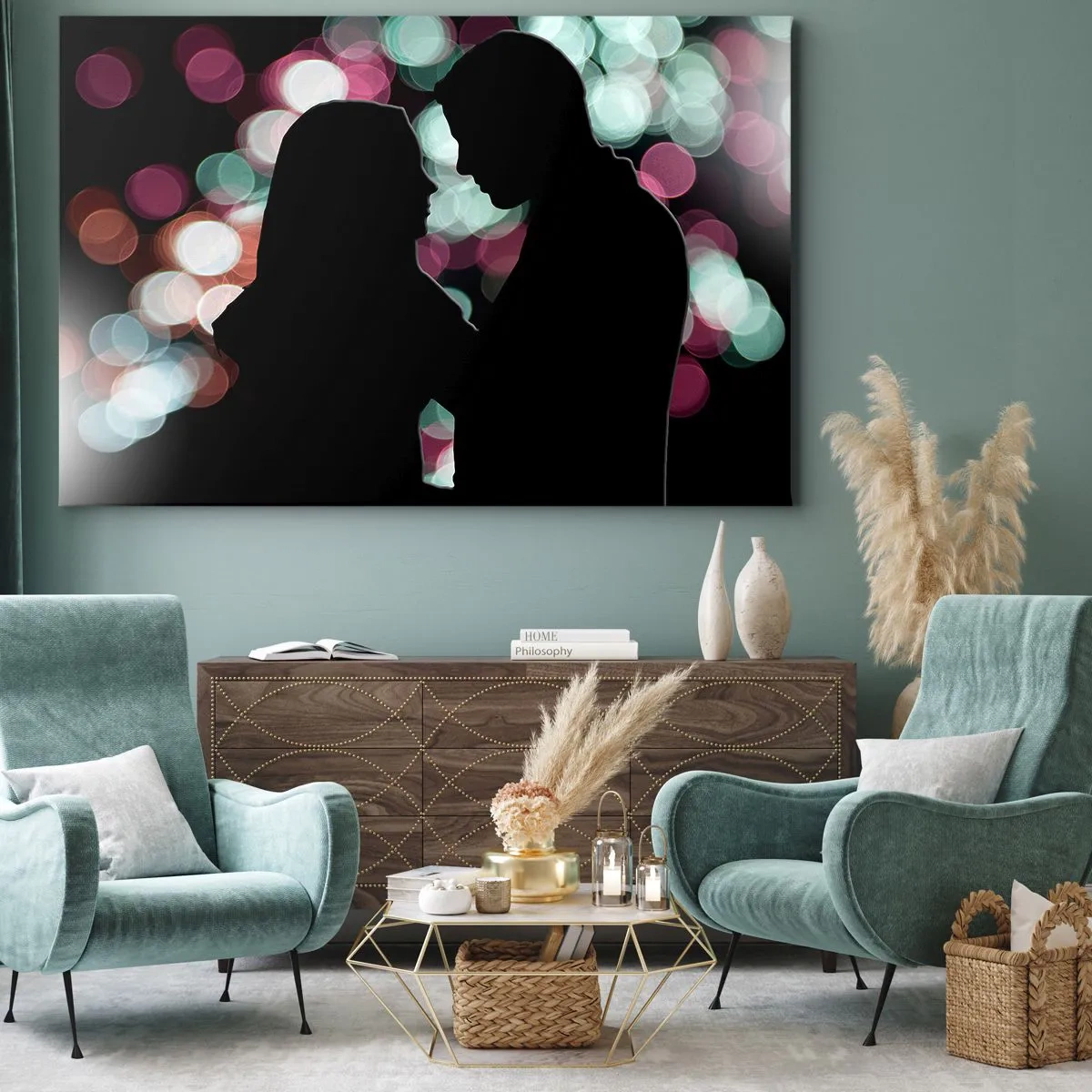 Canvastavla - Bild på duk - Silhuetter av ett par mot en bakgrund av färgglada bokeh-ljus - 70x50cm - Ja! - Modern väggdekoration för vardagsrum och sovrum ARTTOR