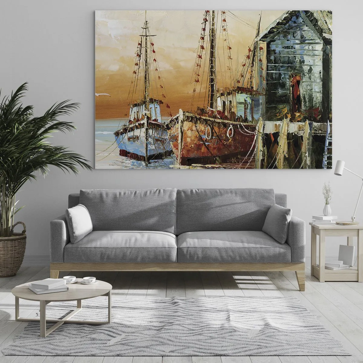 Glastavla - Bild på glas - Färgglada båtar vid marinan - 70x50cm - Lugn hemresa - Modern väggdekoration för vardagsrum och sovrum ARTTOR