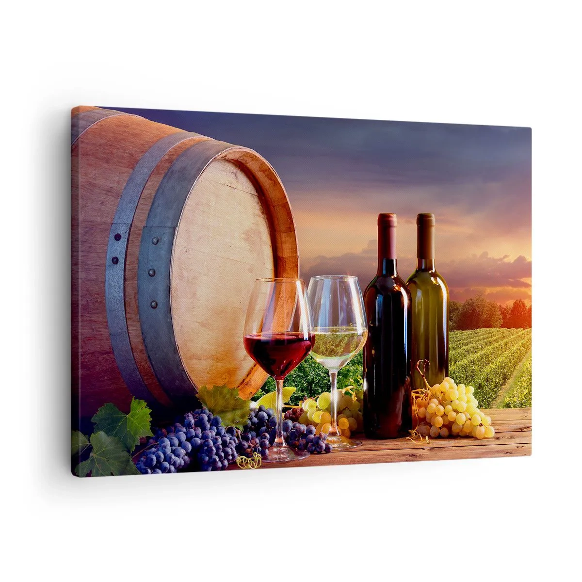 Canvastavla - Bild på duk - Vin, glas och en tunna i ett pittoreskt landskap - 70x50cm - Här smakar livet - Modern väggdekoration för vardagsrum och sovrum ARTTOR