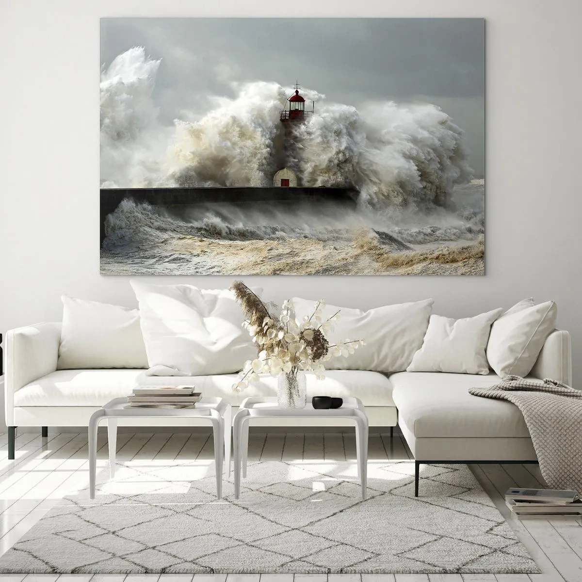 Glastavla - Bild på glas - En fyr omgiven av kraftfulla vågor - 70x50cm - Havets ilska - Modern väggdekoration för vardagsrum och sovrum ARTTOR
