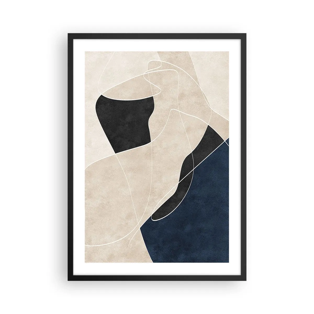 Affisch i svart ram - Geometrisk abstraktion i nyanser av beige, svart och marinblått - 50x70cm - Abstrakt komposition - färgkontrast - Modern väggdekoration för vardagsrum och sovrum ARTTOR