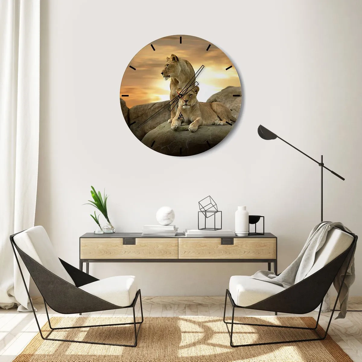 Väggklocka - Klocka på glas - Två lejon mot den nedgående solen - 30x30cm - Kungligt majestät - Modern väggdekoration för vardagsrum, kök och sovrum ARTTOR