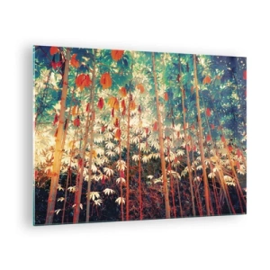 Glastavla - Bild på glas - Färgglad bambuskog med varmt ljus - 70x50cm - Lövbladens hemlighetsfulla liv - Modern väggdekoration för vardagsrum och sovrum ARTTOR