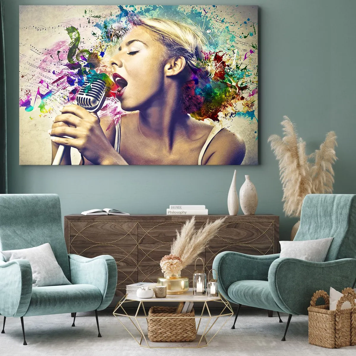 Canvastavla - Bild på duk - Konstnärligt porträtt av en kvinna som sjunger med färgglada effekter - 70x50cm - Måla världen med rösten - Modern väggdekoration för vardagsrum och sovrum ARTTOR