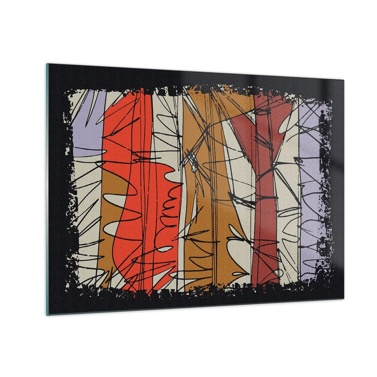 Glastavla - Bild på glas - Grafisk abstraktion med färgade ränder och svarta linjer - 70x50cm - Spontan komposition - Modern väggdekoration för vardagsrum och sovrum ARTTOR