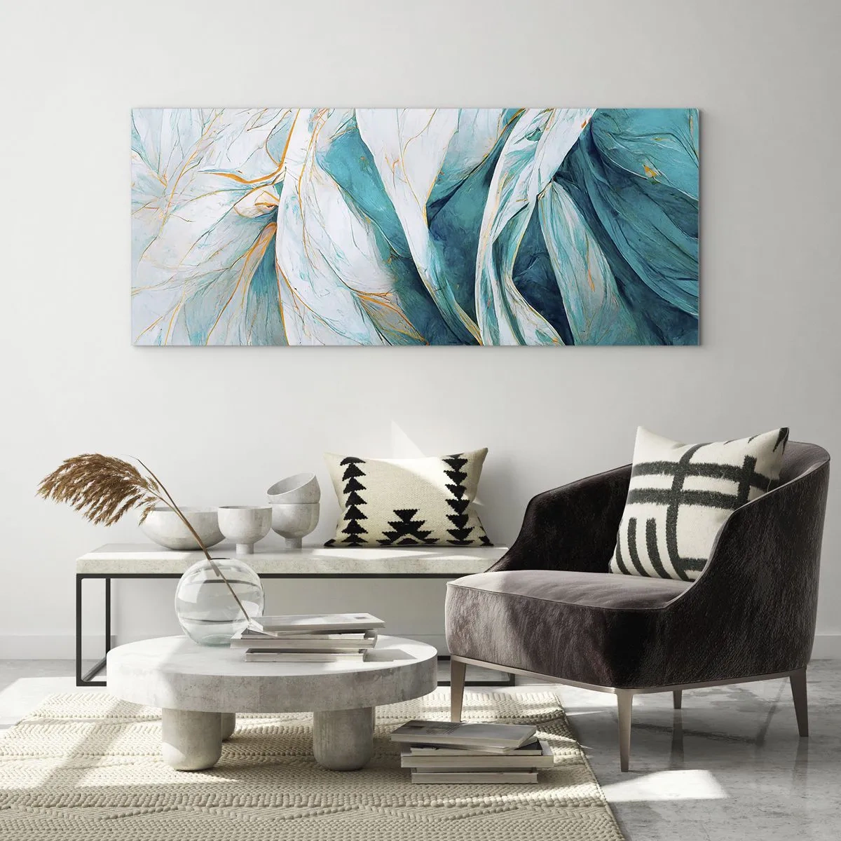 Glastavla - Bild på glas - Blå abstraktion med guldmotiv - 100x40 cm