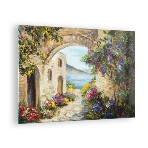 Glastavla - Bild på glas - En pittoresk gata med utsikt över sjön - 70x50cm - Kustprovinsens charm - Modern väggdekoration för vardagsrum och sovrum ARTTOR