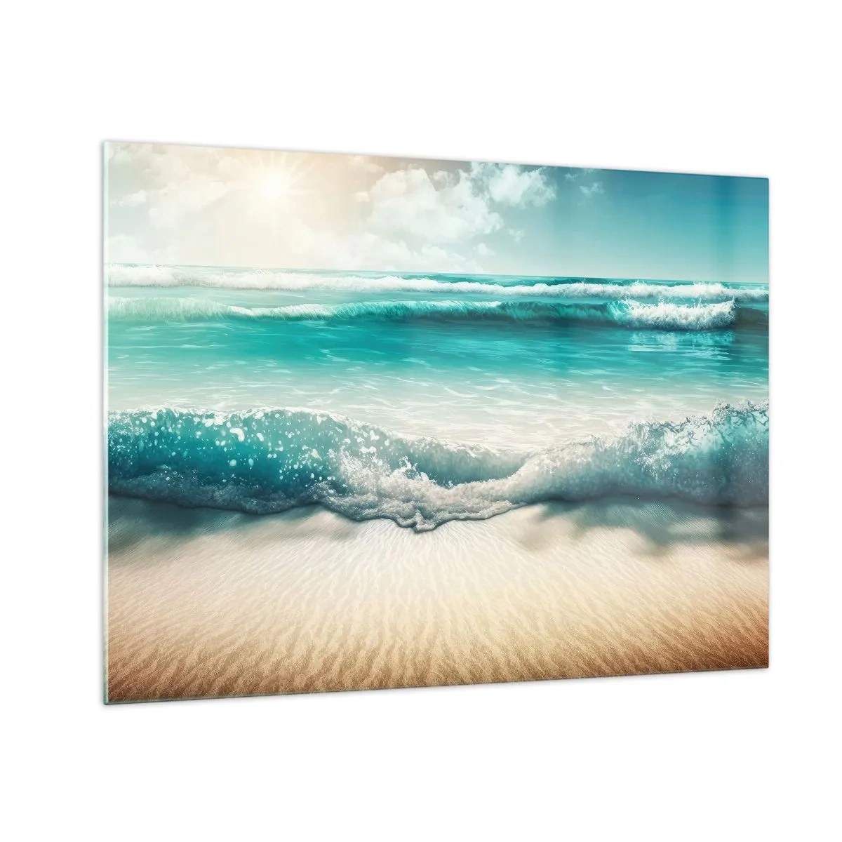 Glastavla - Bild på glas - Turkosa havsvågor som slår mot en sandstrand - 70x50cm - Lugnet i havet - Modern väggdekoration för vardagsrum och sovrum ARTTOR