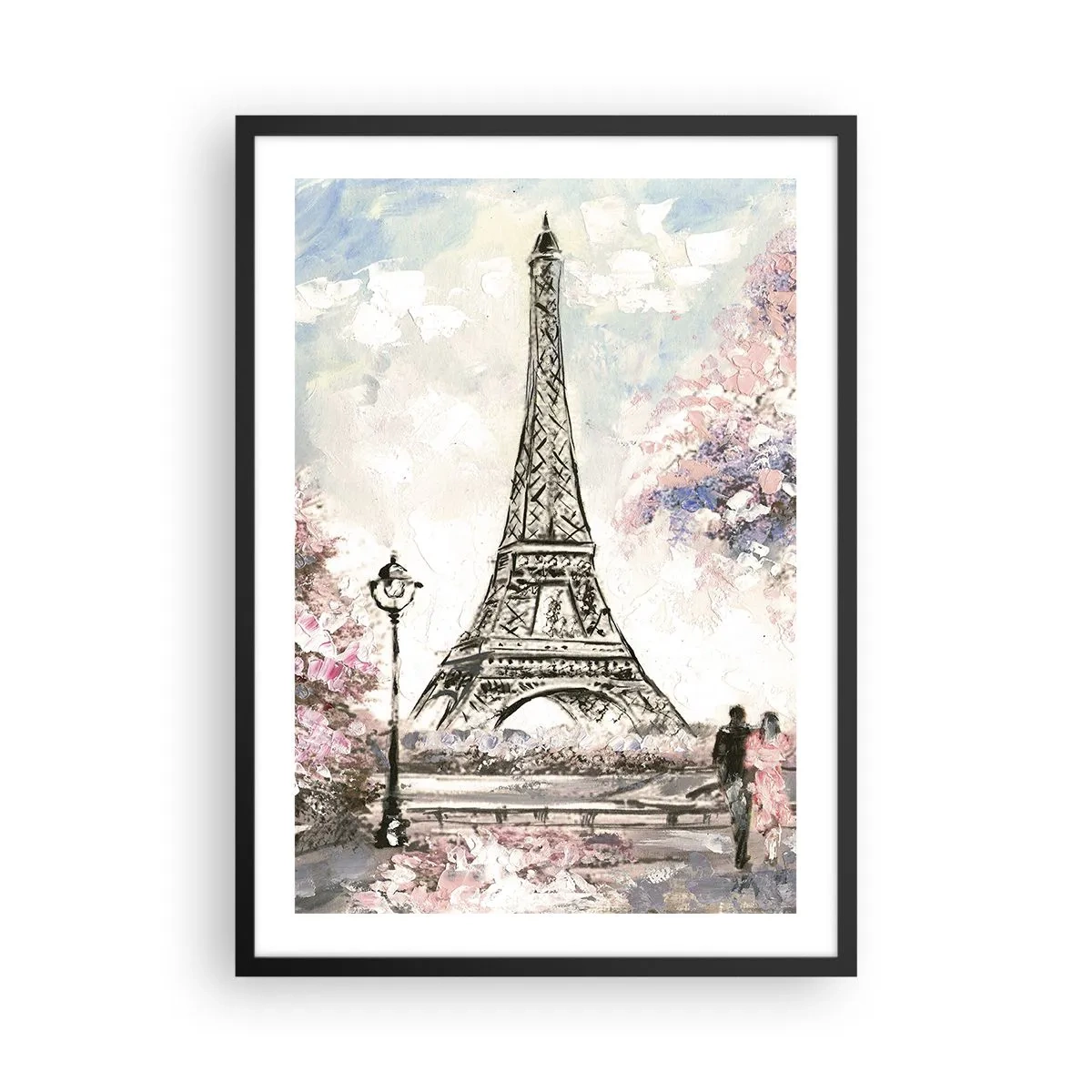 Affisch i svart ram - Eiffeltornet med ett romantiskt landskap i pastellfärger - 50x70cm - Aprilpromenad i Paris - Modern väggdekoration för vardagsrum och sovrum ARTTOR