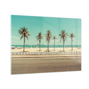 Glastavla - Bild på glas - Palmer på strandpromenaden med stranden och havet i bakgrunden - 70x50cm - På stranden - Modern väggdekoration för vardagsrum och sovrum ARTTOR