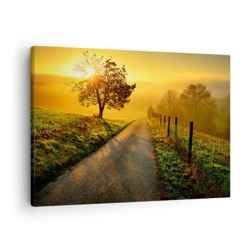 Canvastavla - Bild på duk - En pittoresk väg vid solnedgången med ett ensamt träd i bakgrunden - 70x50cm - Honungfärgad eftermiddag - Modern väggdekoration för vardagsrum och sovrum ARTTOR