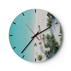 Väggklocka - Klocka på glas - Ovanifrån utsikt över stranden med turkost vatten och palmer - 30x30cm - Semester i paradiset - Modern väggdekoration för vardagsrum, kök och sovrum ARTTOR