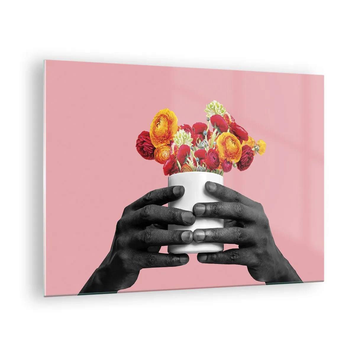 Glastavla - Bild på glas - Svarta och vita händer som håller en färgglad blombukett - 70x50cm - Livets apoteos - Modern väggdekoration för vardagsrum och sovrum ARTTOR