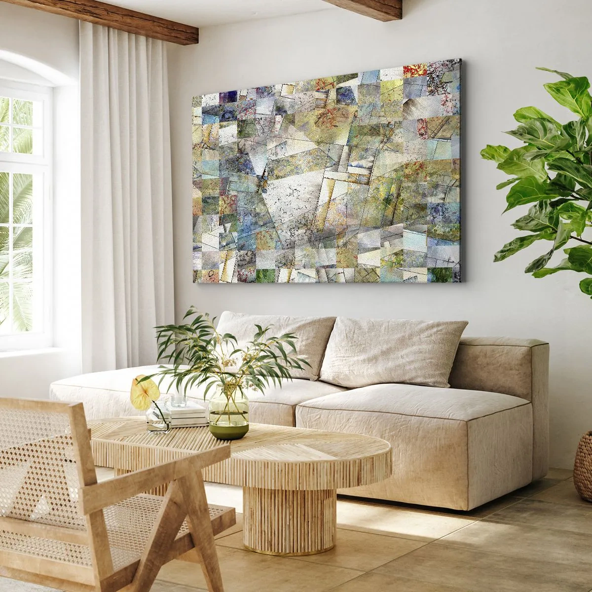 Canvastavla - Bild på duk - Färgglad abstraktion med geometriska former och linjer - 70x50cm - Geometrisk omblandning - Modern väggdekoration för vardagsrum och sovrum ARTTOR