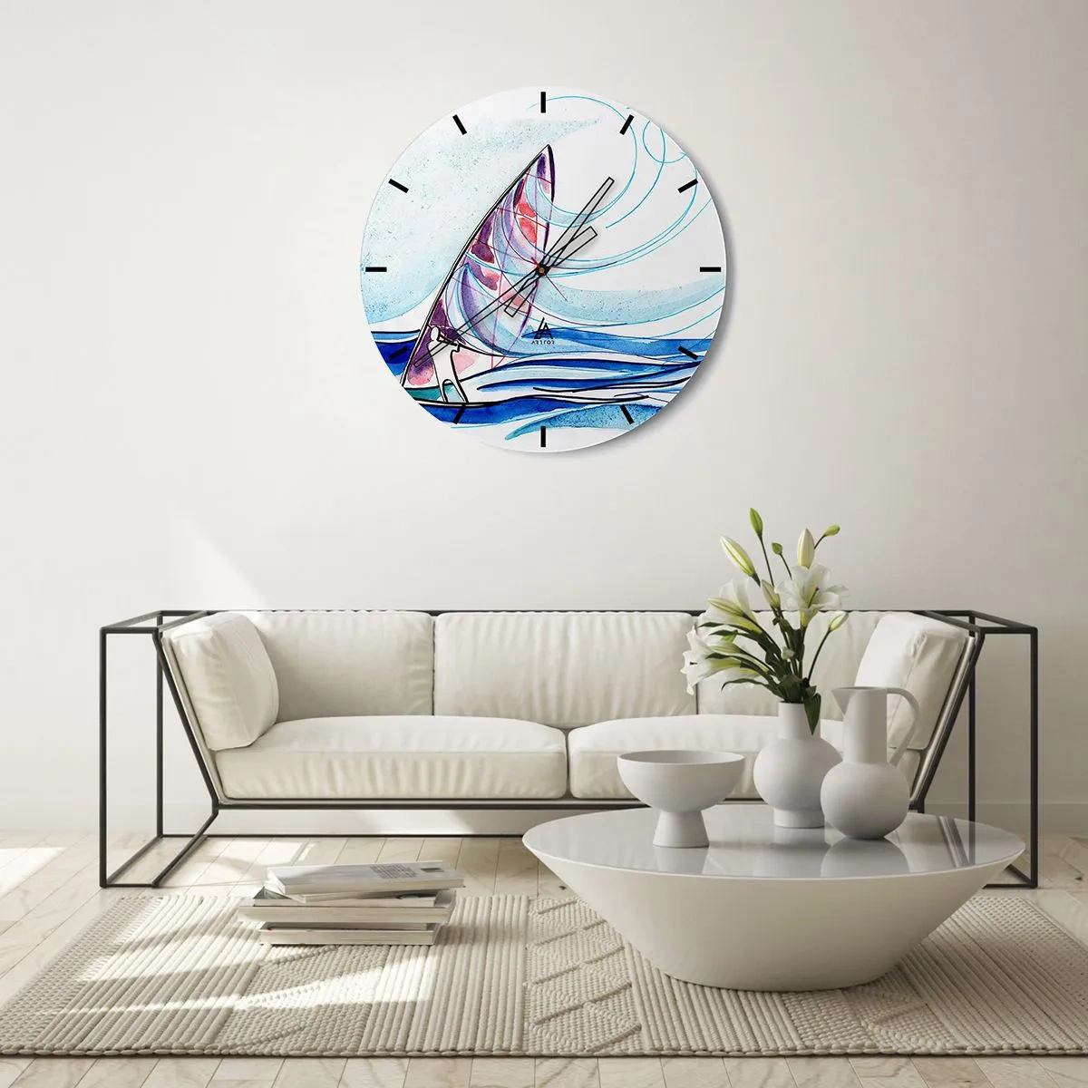 Väggklocka - Klocka på glas - En segelbåt på ett stormigt hav i dynamisk, abstrakt form - 30x30cm - Med vinden i vågornas rytm - Modern väggdekoration för vardagsrum, kök och sovrum ARTTOR