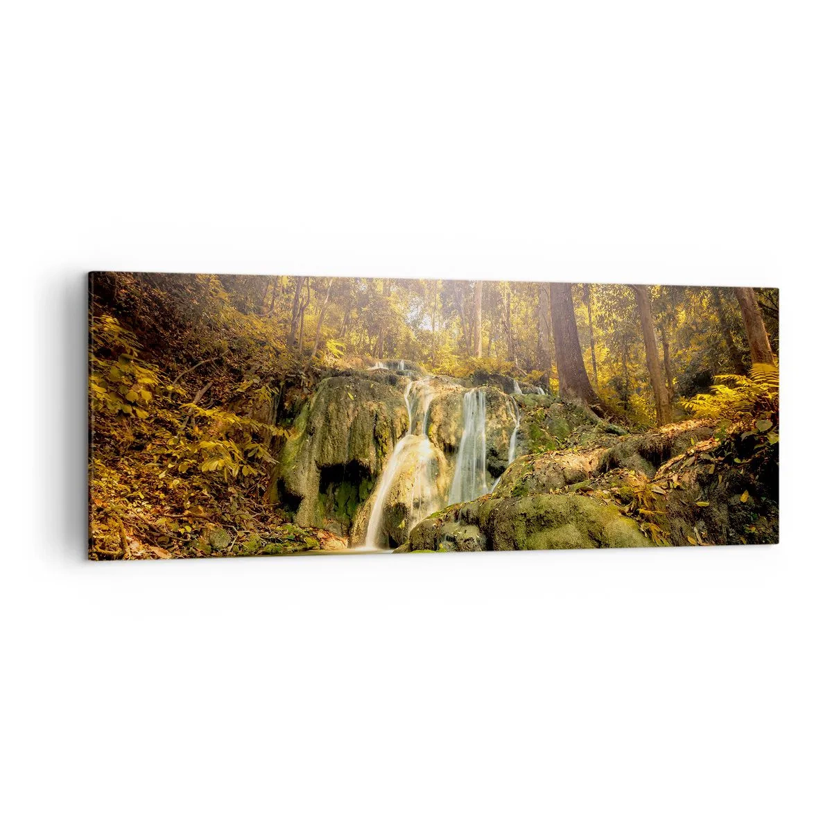 Canvastavla - Bild på duk - Skogkaskad i grönt - 140x50 cm