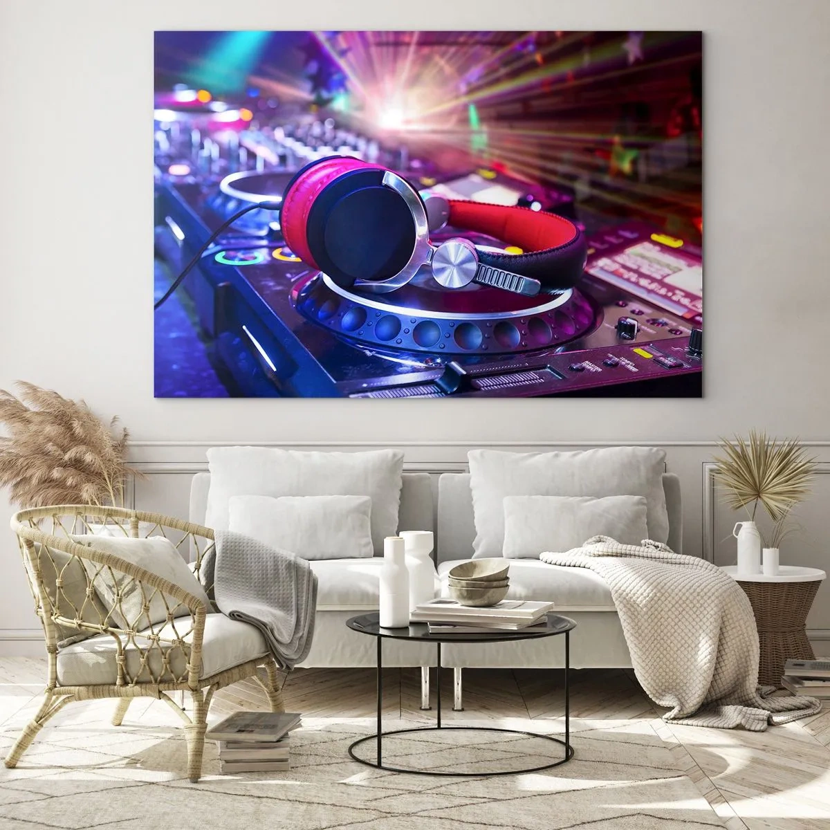 Glastavla - Bild på glas - DJ-utrustning med färgade lampor och hörlurar - 70x50cm - Låt partyt börja - Modern väggdekoration för vardagsrum och sovrum ARTTOR