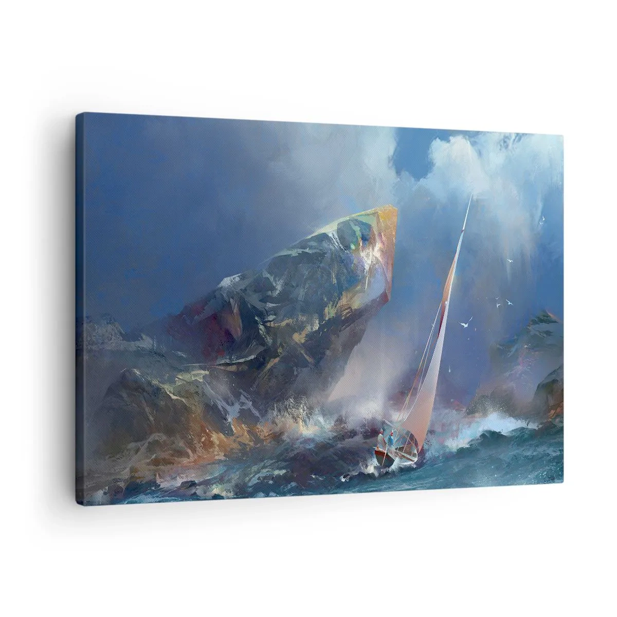 Canvastavla - Bild på duk - En segelbåt i storm vid foten av en massiv klippa - 70x50cm - Modig vinner - Modern väggdekoration för vardagsrum och sovrum ARTTOR