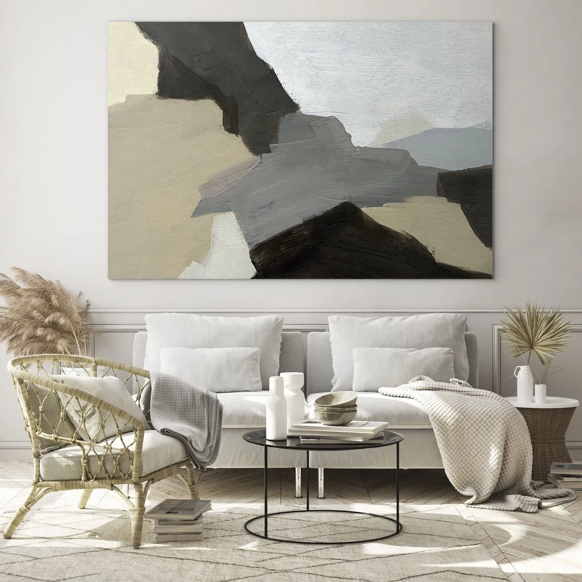 Glastavla - Bild på glas - En modern abstrakt komposition i grå nyanser - 70x50cm - Abstraktion: avgrening av det gråa - Modern väggdekoration för vardagsrum och sovrum ARTTOR