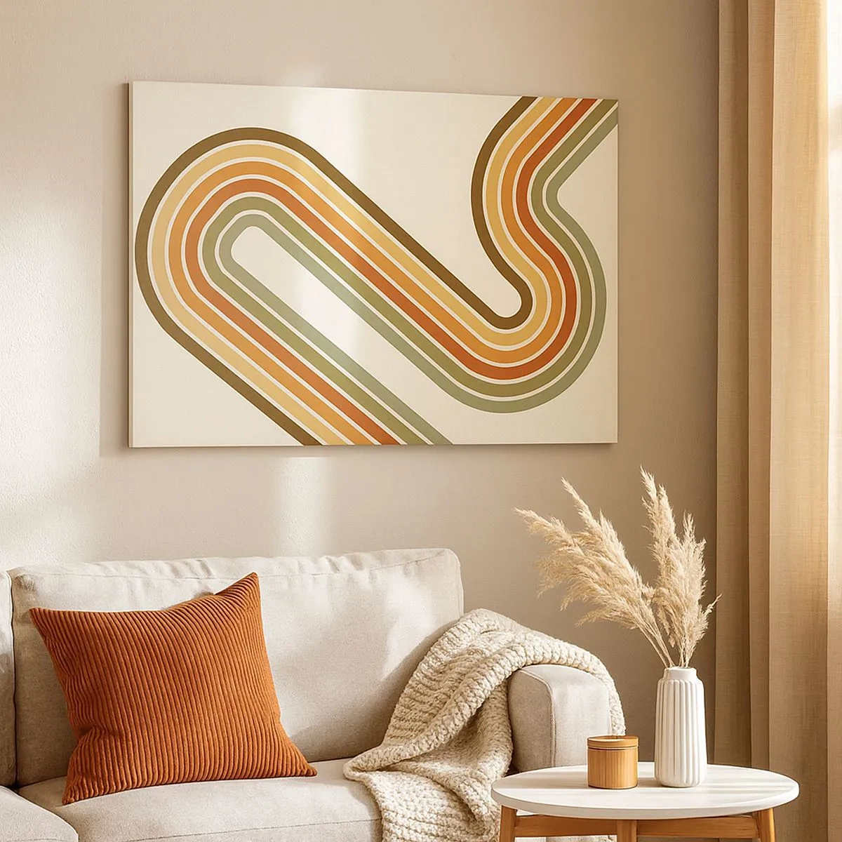 Canvastavla - Bild på duk - Geometriskt mönster i nyanser av grönt, orange och beige på en ljus bakgrund - 70x50cm - Zig-zack mot målet - Modern väggdekoration för vardagsrum och sovrum ARTTOR