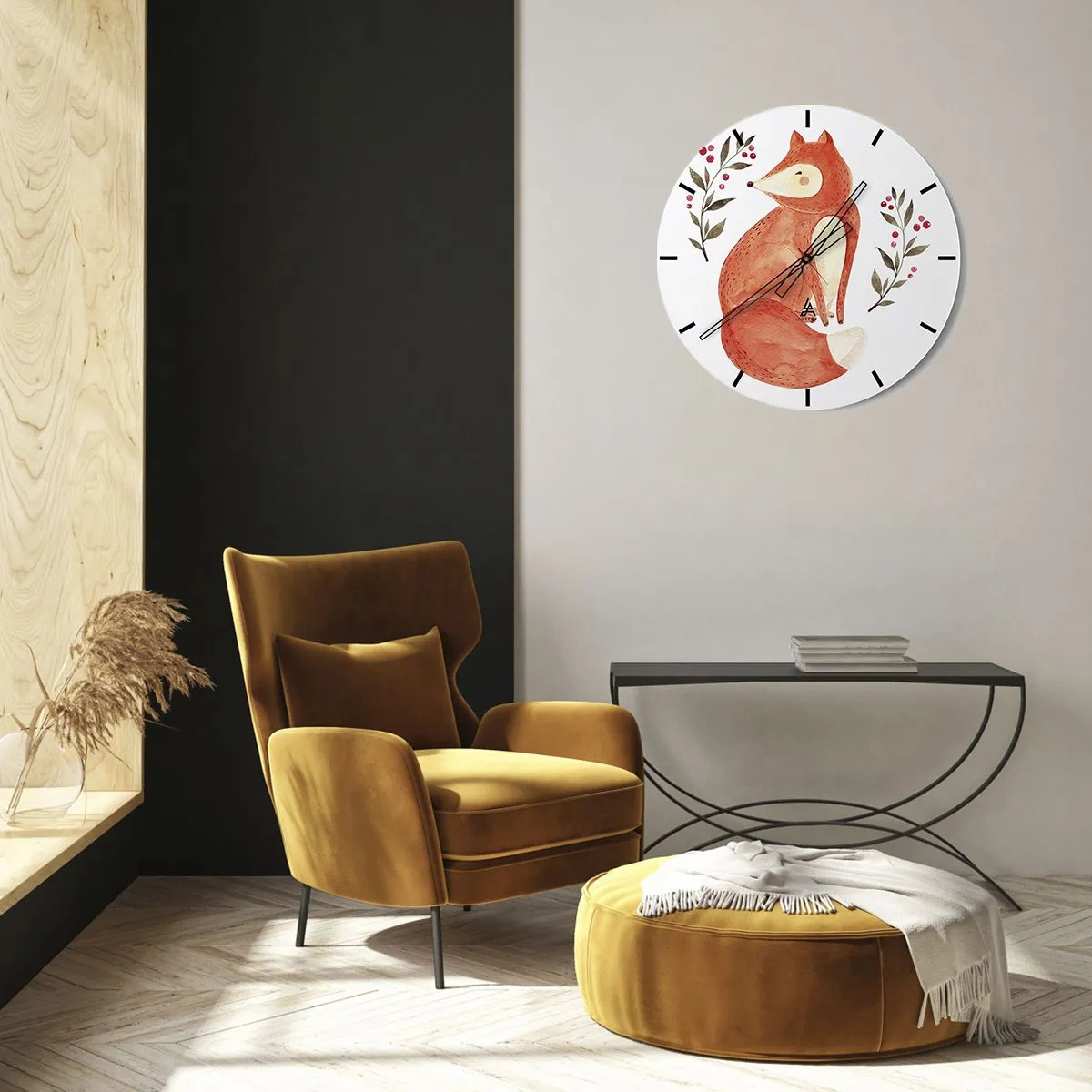 Väggklocka - Klocka på glas - Illustration av en rödräv omgiven av kvistar med bär - 30x30cm - Liten rödhårig - Modern väggdekoration för vardagsrum, kök och sovrum ARTTOR