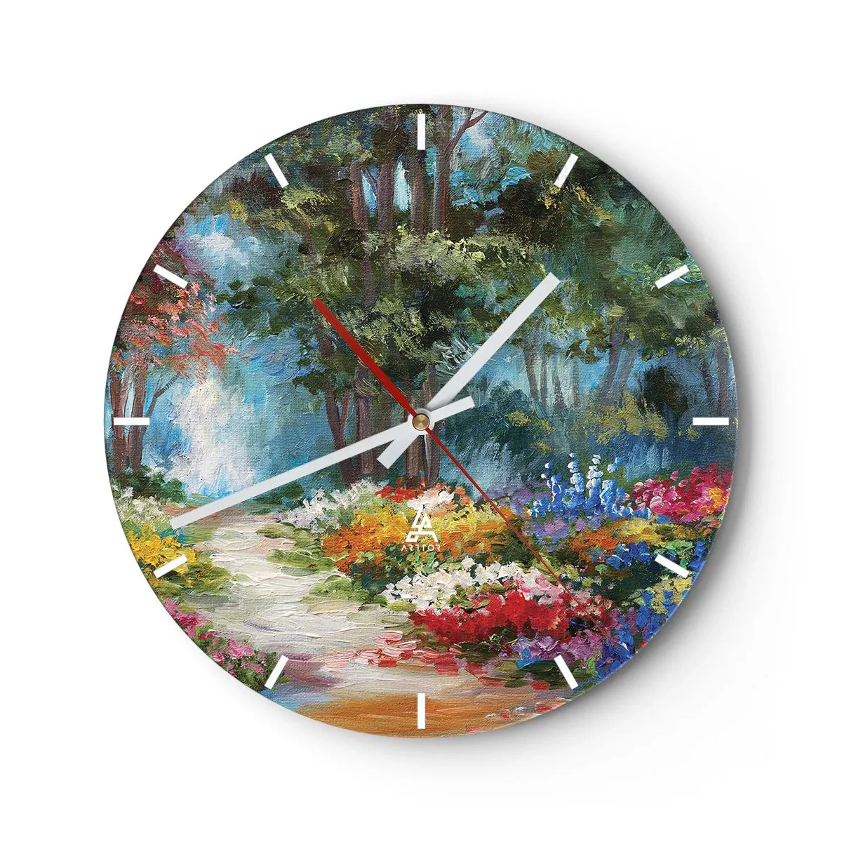 Väggklocka - Klocka på glas - En färgglad trädgård med blommor och träd i bakgrunden - 30x30cm - Skogsträdgård, blomskog - Modern väggdekoration för vardagsrum, kök och sovrum ARTTOR