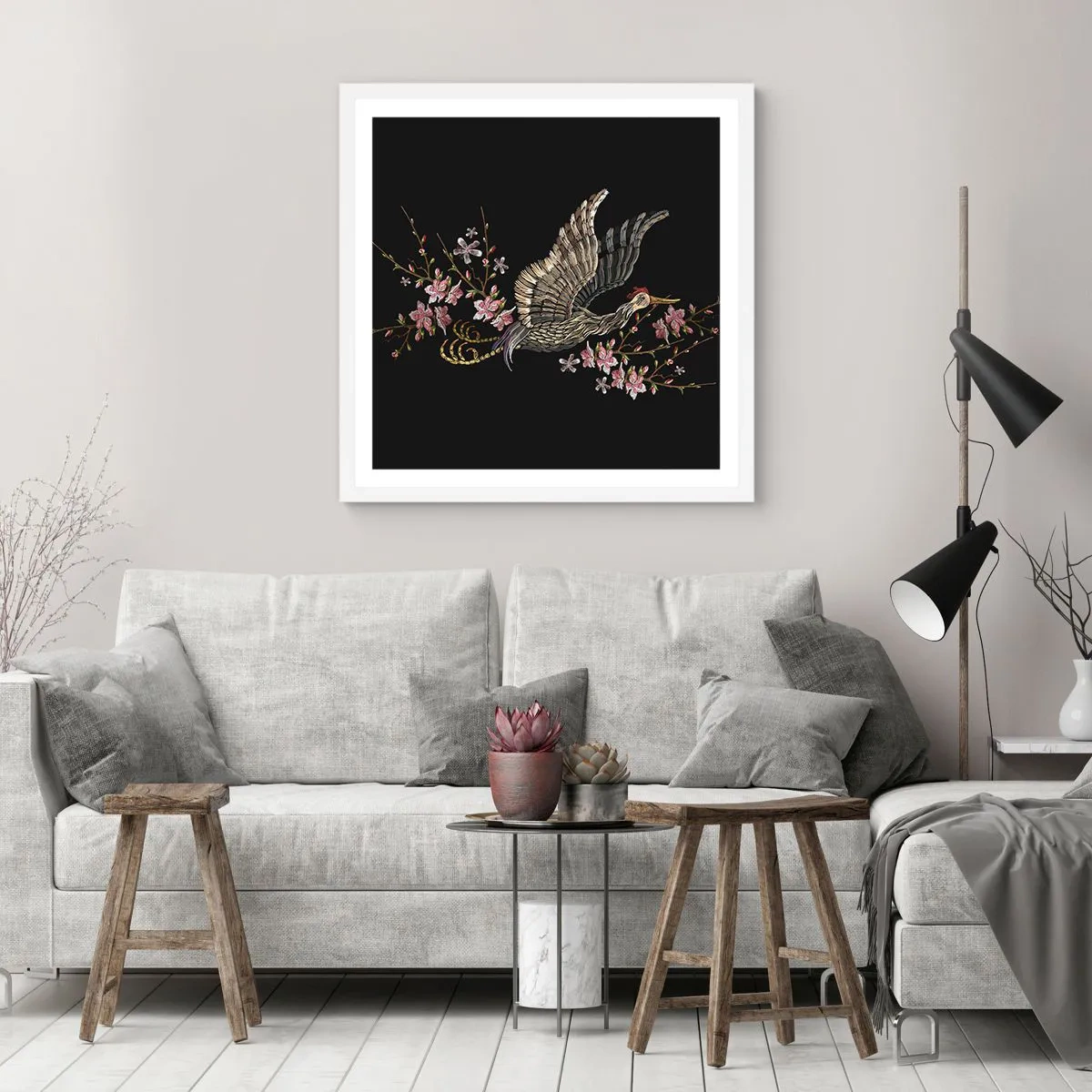 Affisch i vit ram - Exotisk, broderad fågel - 60x60 cm