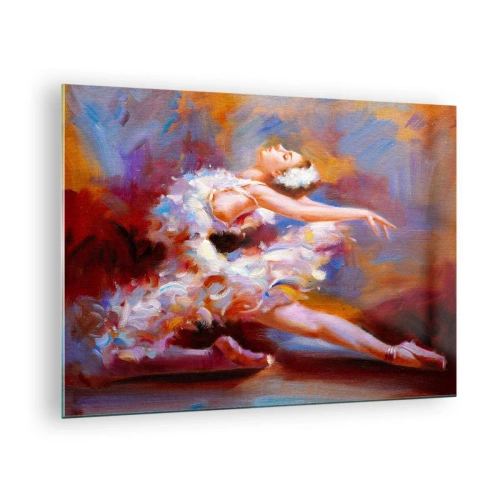 Glastavla - Bild på glas - En ballerina i en dynamisk pose mot en bakgrund av abstrakta färger. - 70x50cm - Svangrace - Modern väggdekoration för vardagsrum och sovrum ARTTOR