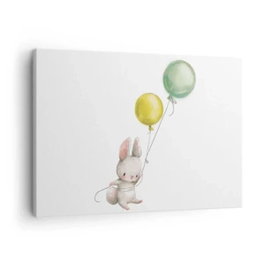 Canvastavla - Bild på duk - En kanin som håller pastellfärgade ballonger - 70x50cm - Jag flyger med! - Modern väggdekoration för vardagsrum och sovrum ARTTOR