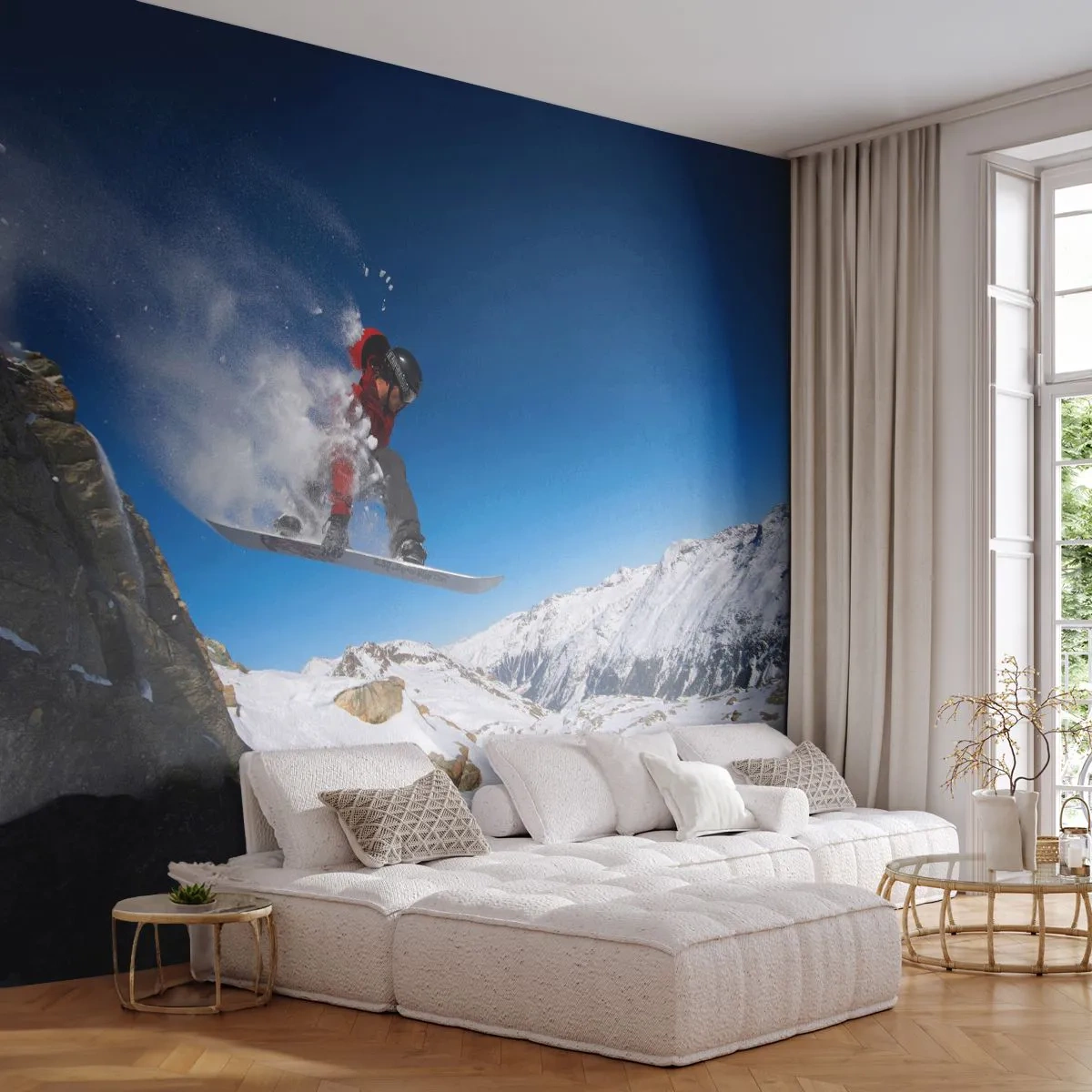 Fototapet Premium Sand - Så blev du en del av vyn - Landskap, Åka snowboard, Sport - 100x70 cm
