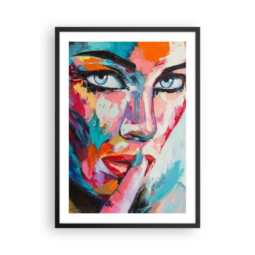 Affisch i svart ram - Färgglatt porträtt av en kvinna i en uttrycksfull stil - 50x70cm - Vår första hemlighet - Modern väggdekoration för vardagsrum och sovrum ARTTOR
