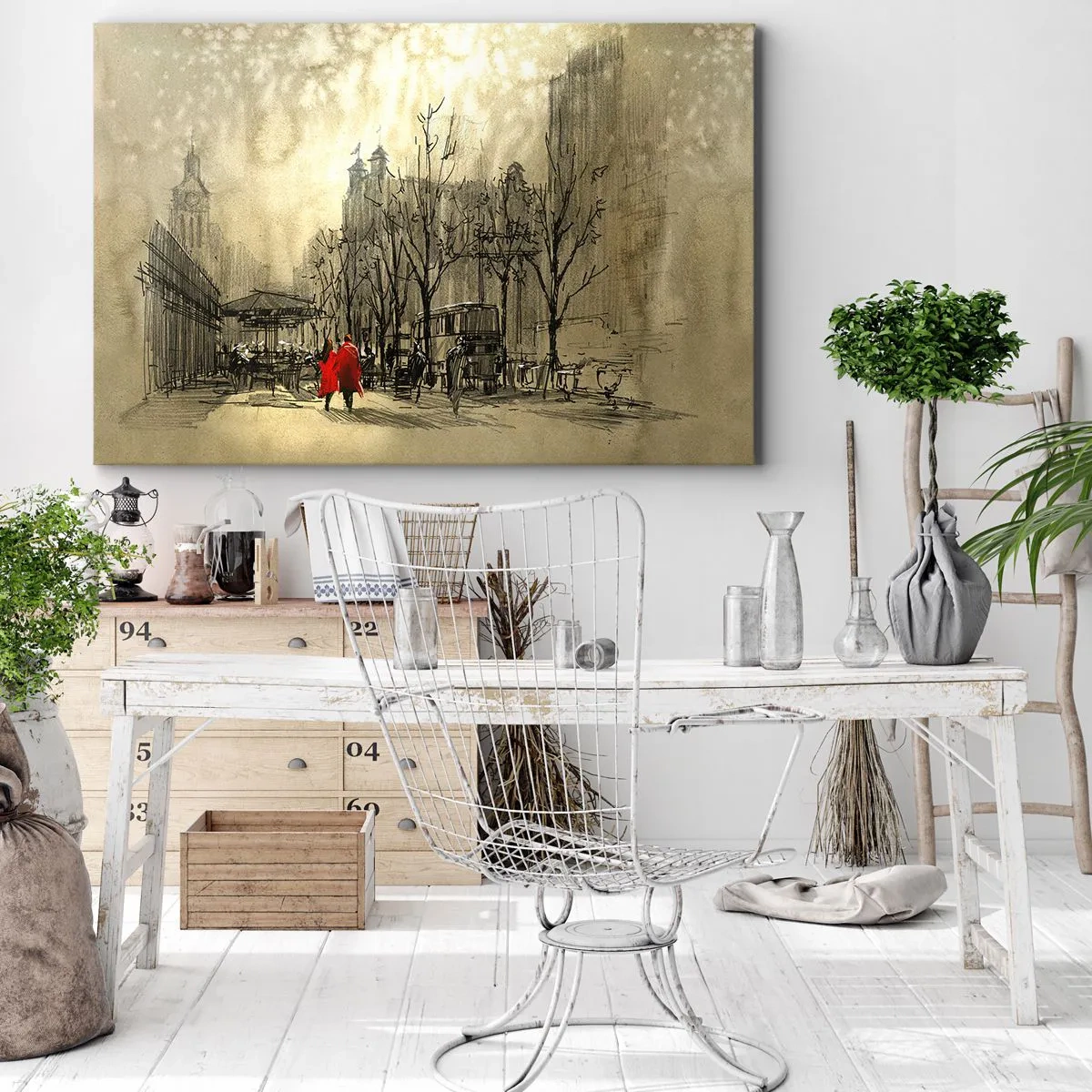 Canvastavla - Bild på duk - En röd figur i en nostalgisk stadsmiljö - 70x50cm - Träff i London-dimman - Modern väggdekoration för vardagsrum och sovrum ARTTOR