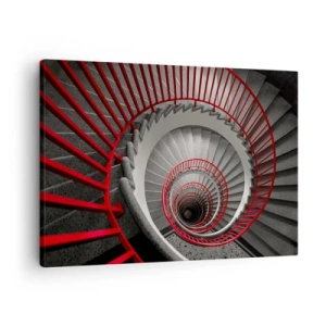 Canvastavla - Bild på duk - Spiraltrappa med röda ledstänger i ett dynamiskt perspektiv - 70x50cm - Arkitektoniska spel - Modern väggdekoration för vardagsrum och sovrum ARTTOR