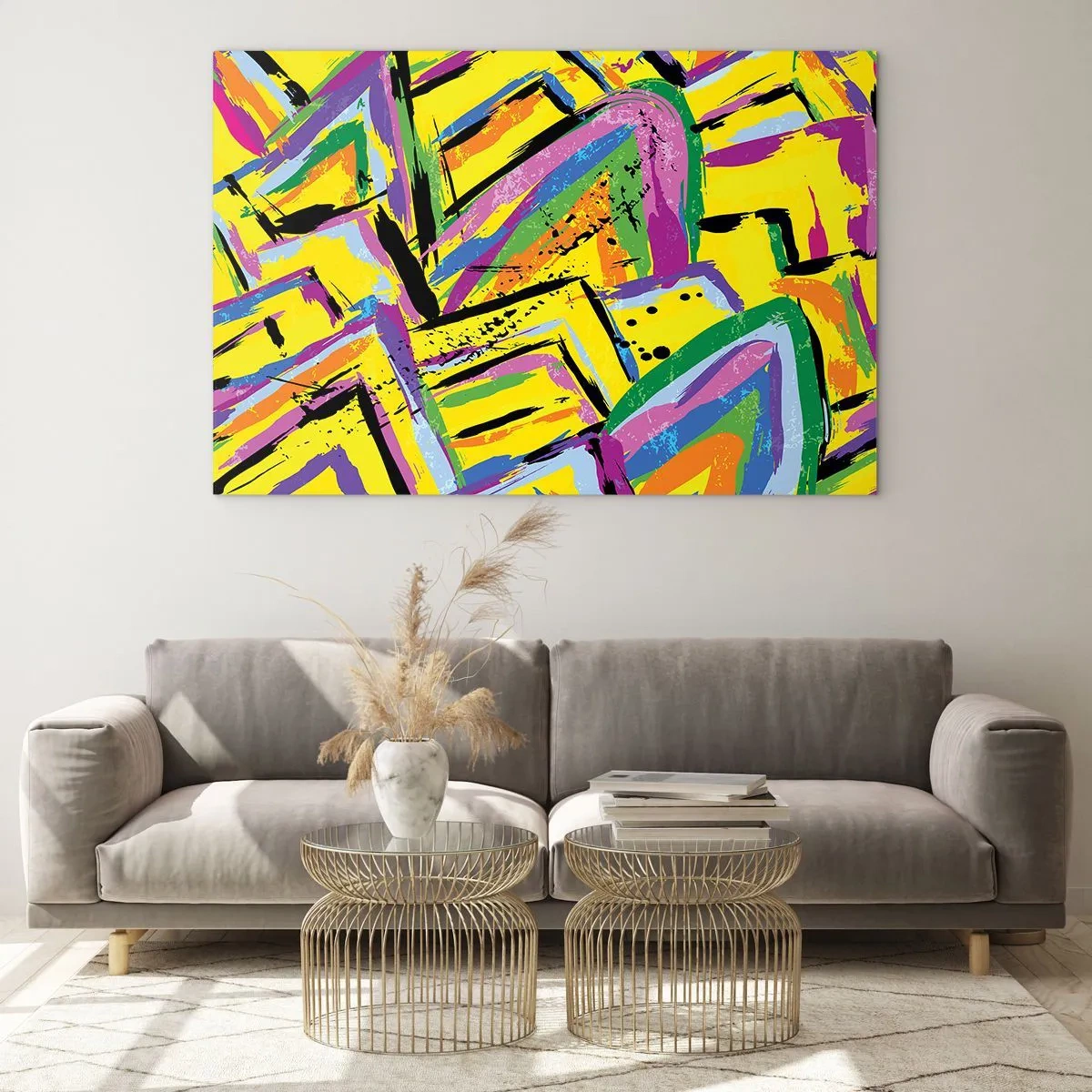 Glastavla - Bild på glas - Intensiv abstraktion i ljusa färger mot gul bakgrund - 70x50cm - Skriker av glädje - Modern väggdekoration för vardagsrum och sovrum ARTTOR