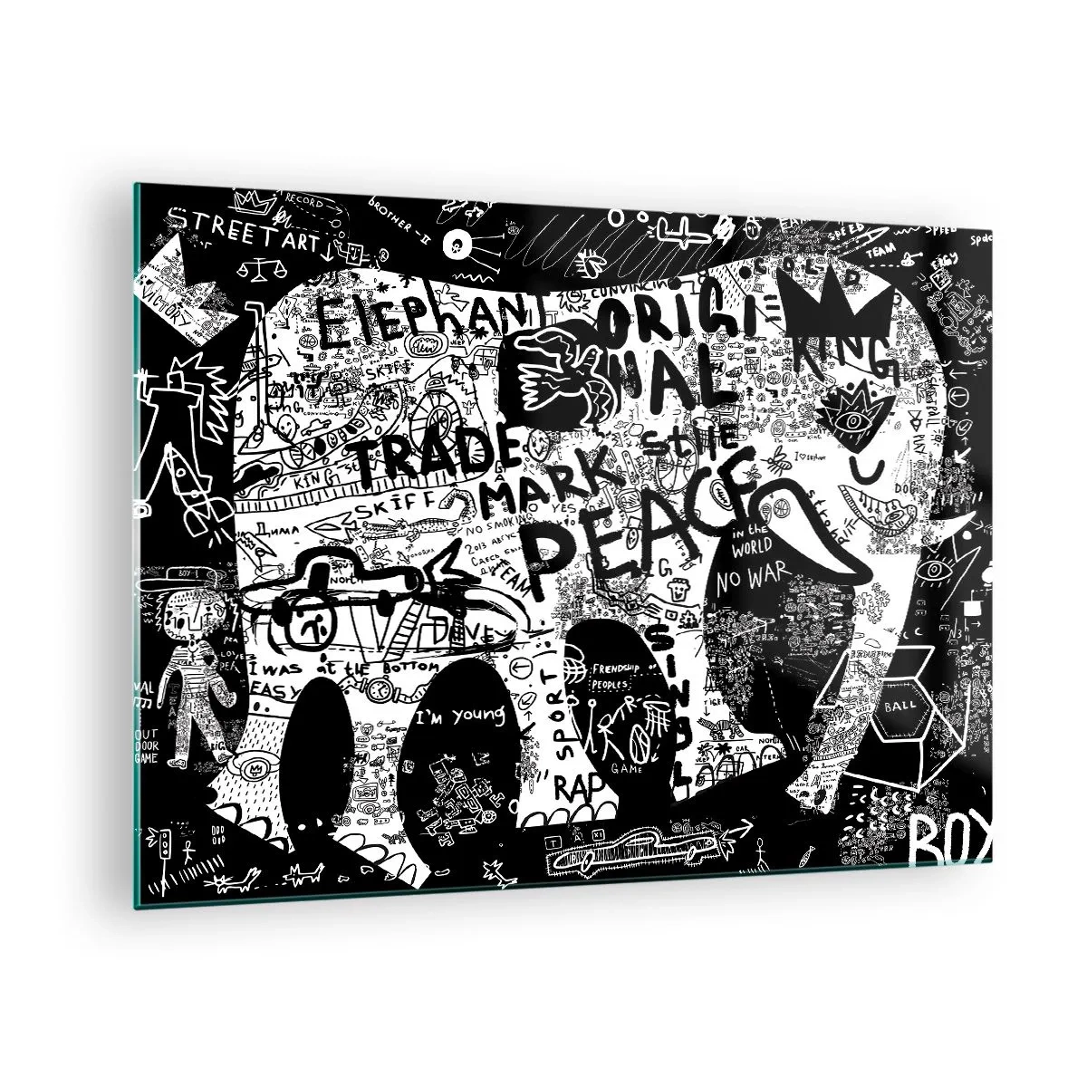 Glastavla - Bild på glas - Svartvit graffitibild med teman fred och frihet - 70x50cm - Rik gatuvärld - Modern väggdekoration för vardagsrum och sovrum ARTTOR