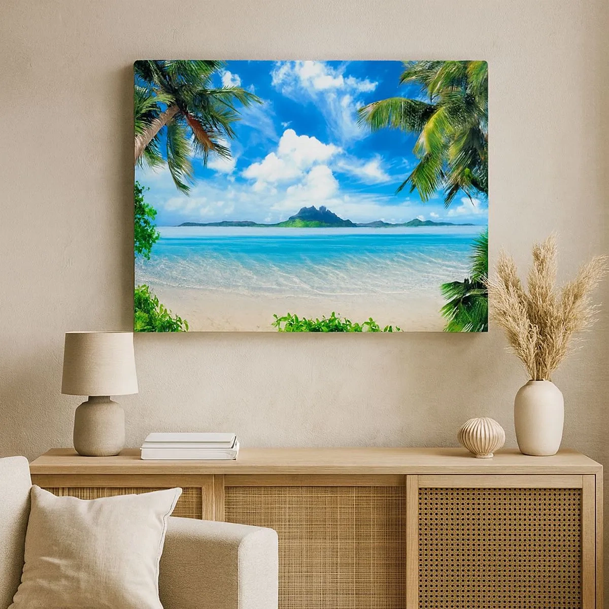Canvastavla - Bild på duk - Tropisk strand med palmer och utsikt över ön - 70x50cm - Tropikens azur - Modern väggdekoration för vardagsrum och sovrum ARTTOR