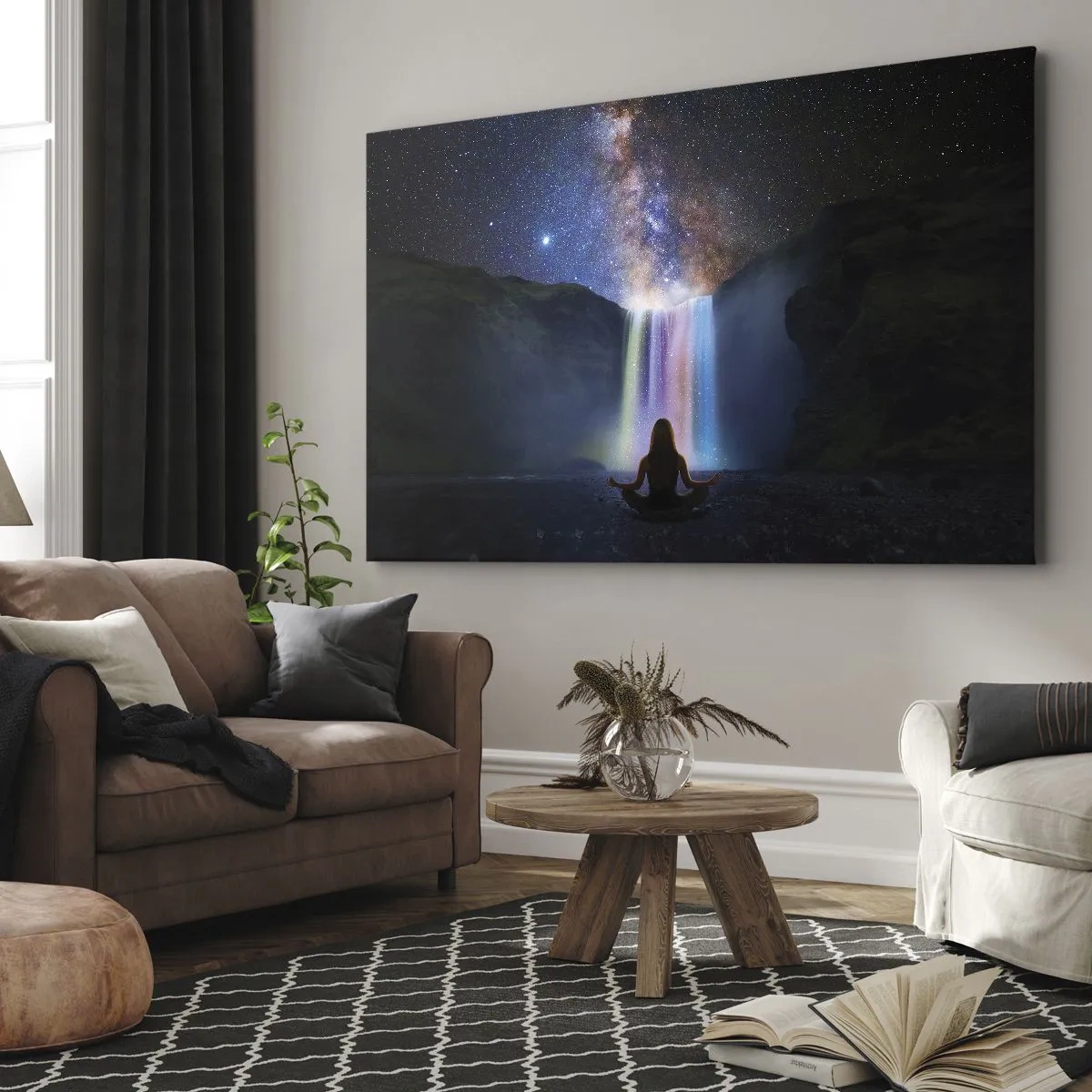 Canvastavla - Bild på duk - Meditation framför ett vattenfall bland stjärnorna - 70x50cm - Absolut harmoni - Modern väggdekoration för vardagsrum och sovrum ARTTOR