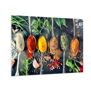 Glastavla - Bild på glas - Färgglada kryddor i skedar omgivna av färska örter och grönsaker - 70x50cm - Kulinarisk magi - Modern väggdekoration för vardagsrum och sovrum ARTTOR